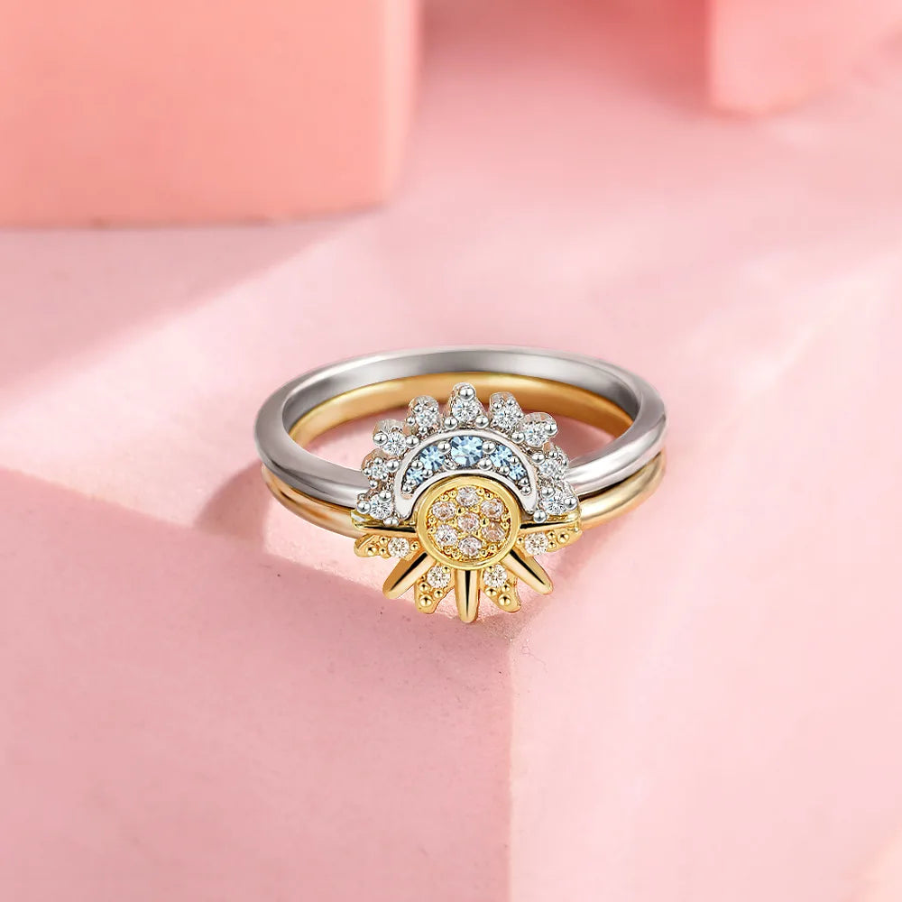 925 Sterling Silver Couple Rings – Sun and Moon Design with Sky Blue Cubic Zirconia, Perfect for Gifts