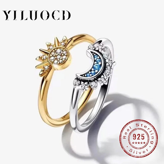 925 Sterling Silver Couple Rings – Sun and Moon Design with Sky Blue Cubic Zirconia, Perfect for Gifts