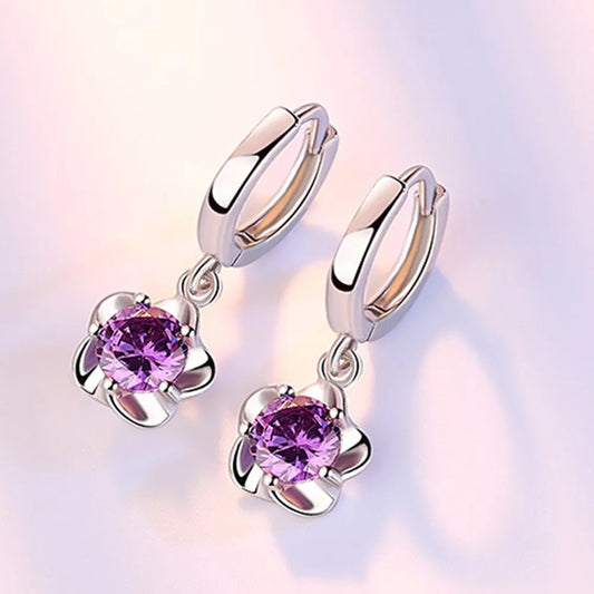 High Quality 925 Sterling Silver Earrings – Retro Simple Design with Purple and White Zircon