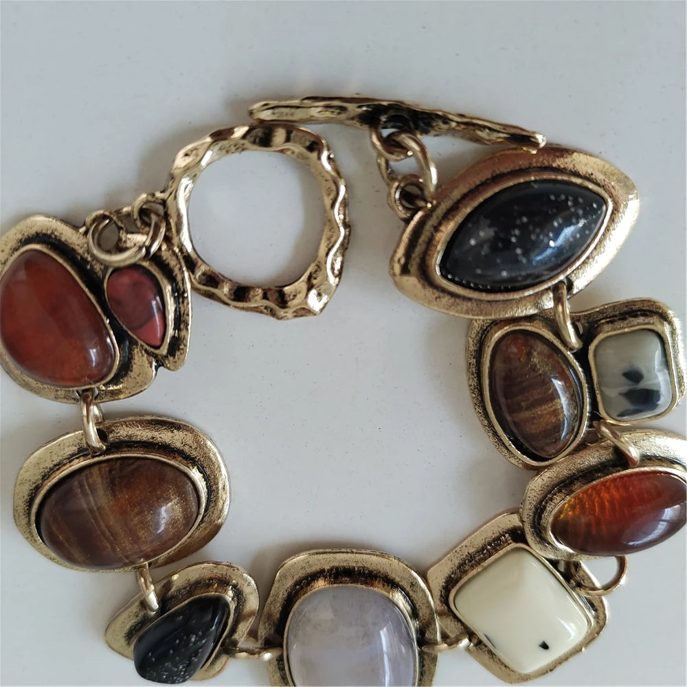 Women's Boho Statement Bracelet – 2025 Indian Ethnic Vintage Jewelry with Resin Stone and Metal Hollow Links