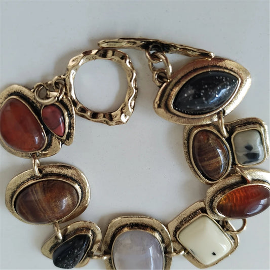 Women's Boho Statement Bracelet – 2025 Indian Ethnic Vintage Jewelry with Resin Stone and Metal Hollow Links