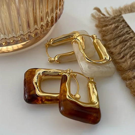 Gold-Tone U-Shaped Hoop Earrings – Vintage Resin Inlay Design for Women’s Party Jewelry